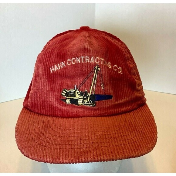 Vintage Hahn Contracting Red Corduroy Snapback Hat Cap Embroidered Construction - Picture 1 of 6